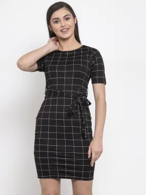 Women Checked Black Round Neck Bodycon Dress