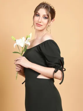 Women Off-Shoulder Forest Green Waist Cut Bodycon Dress