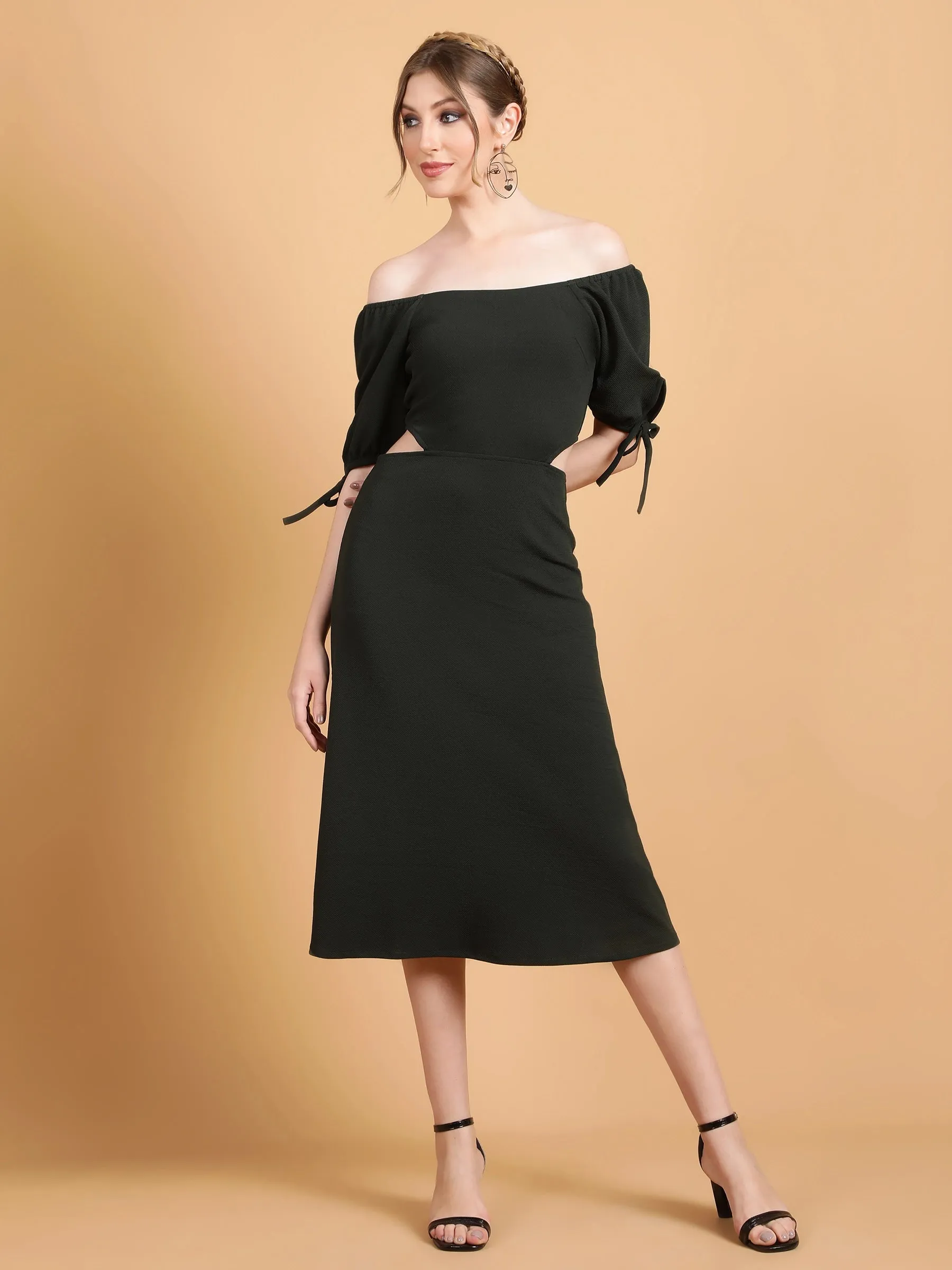 Women Off-Shoulder Forest Green Waist Cut Bodycon Dress