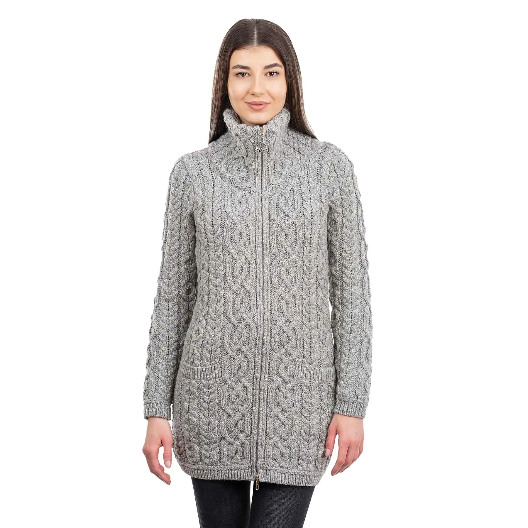 Women's Aran Knit Zip Cardigan, Grey