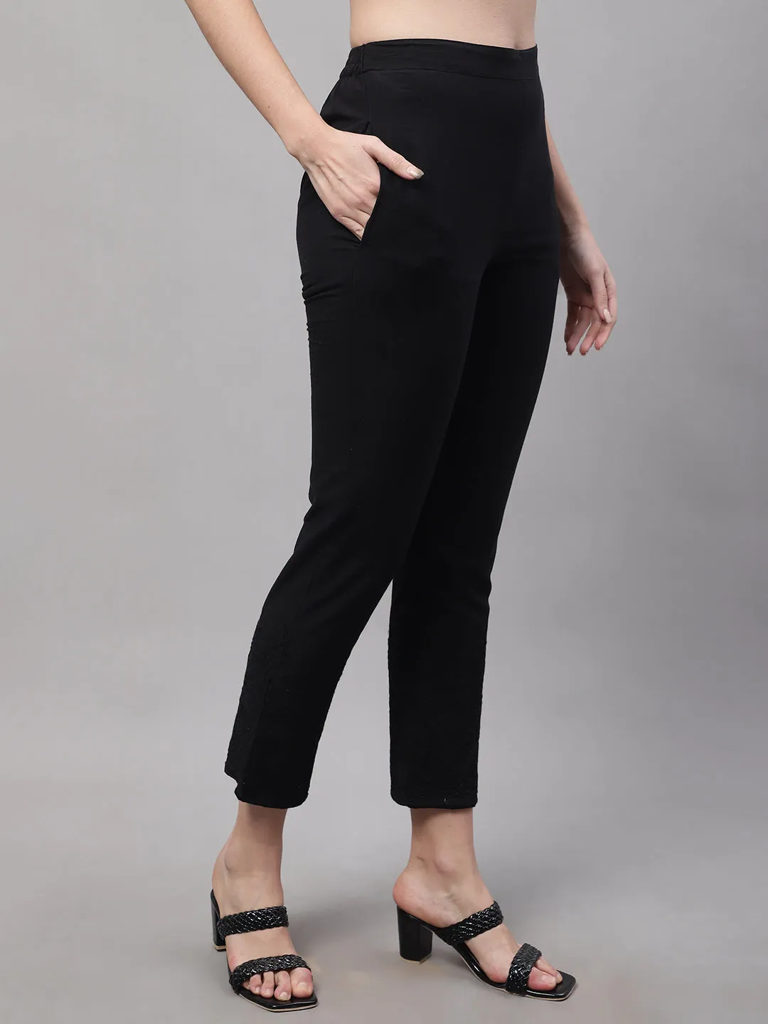 Women's Casual Regular Fit Black Flat Front Mid rise Ethnic Pant