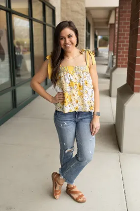 Yellow Floral Boho Tie Strap Tank (SM-XL)