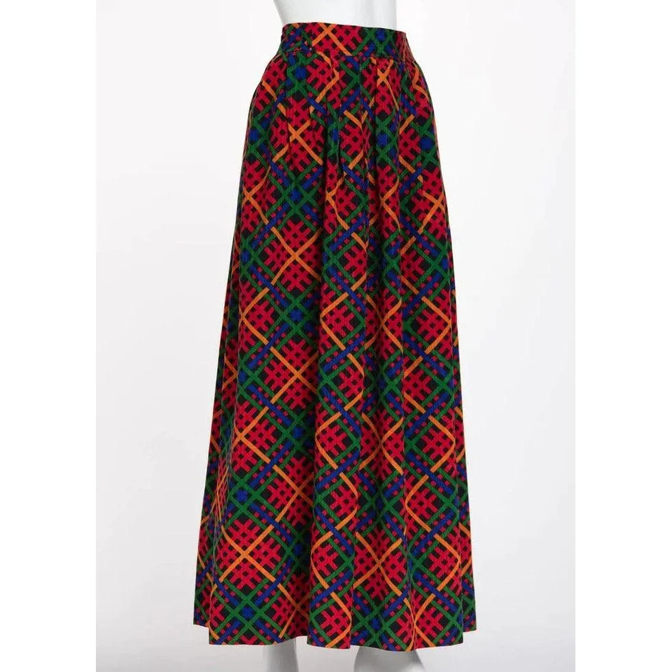 YVES SAINT LAURENT Red Multicolored Plaid Full Maxi Skirt | Size 40