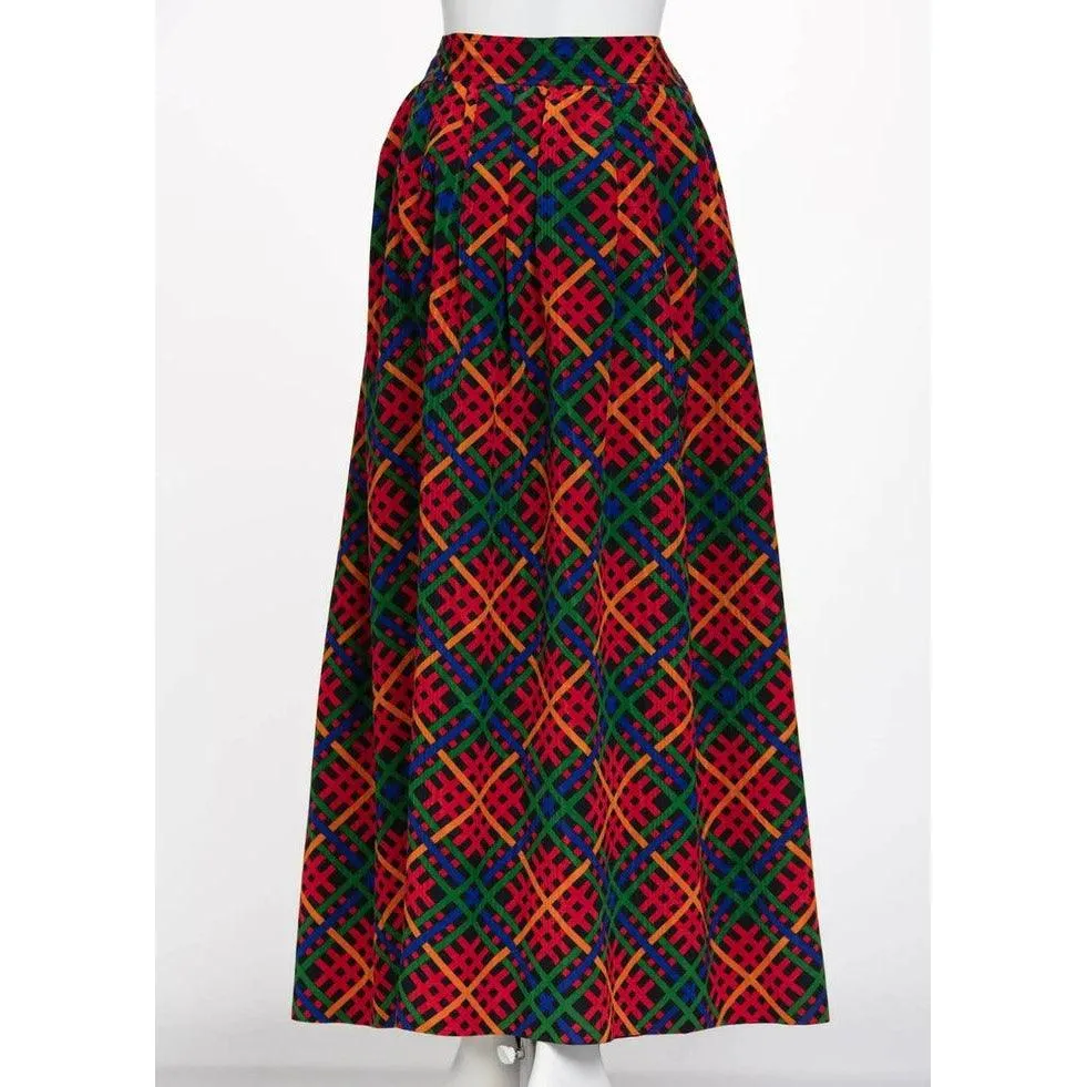 YVES SAINT LAURENT Red Multicolored Plaid Full Maxi Skirt | Size 40